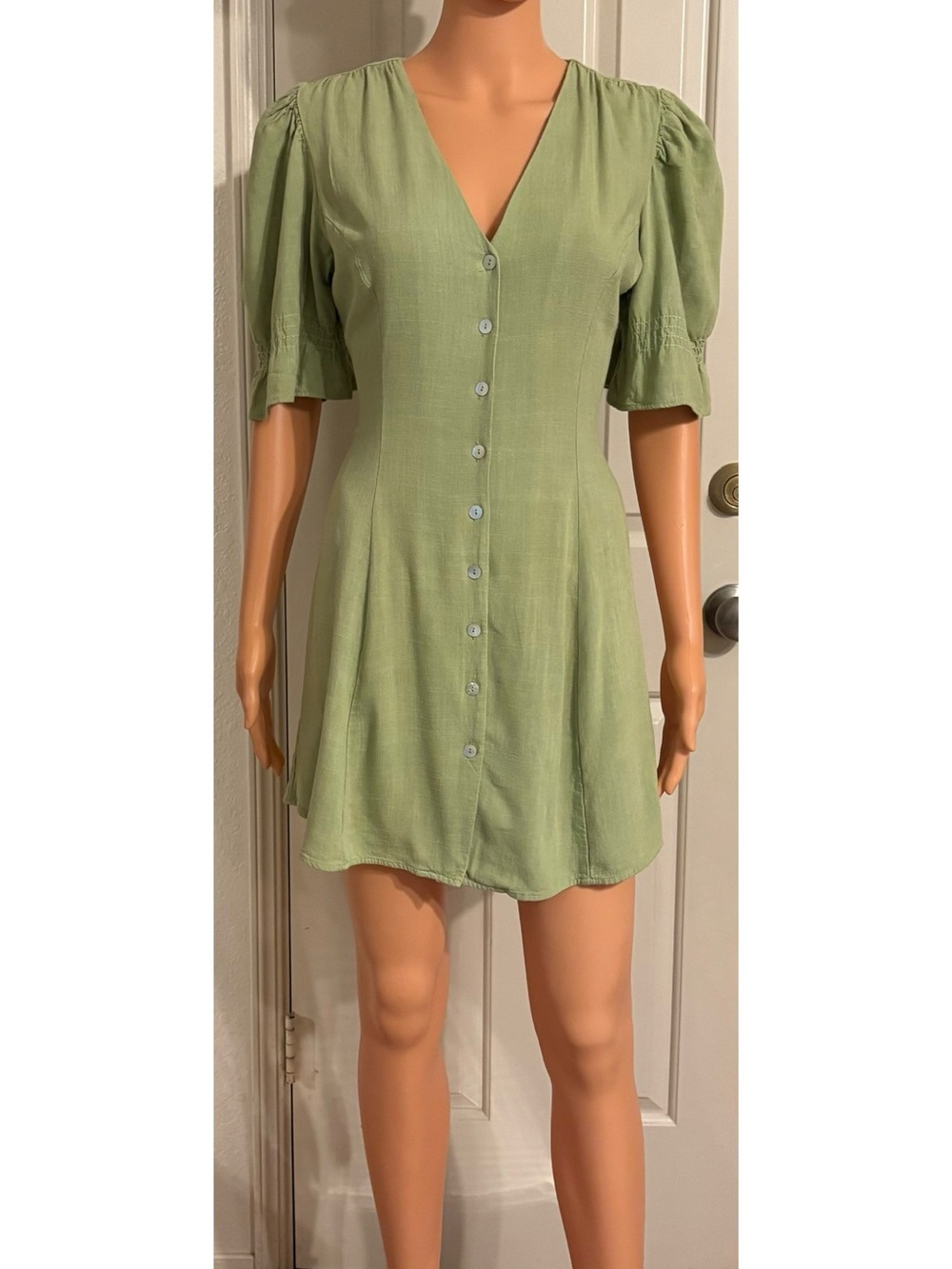 Nasty Gal Sage Green Button-Front V-Neck Mini Dress